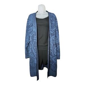 Chicos Open Front Blue Artsy Floral Knit Long Sleeve Cardigan Womens Size 3/ XL